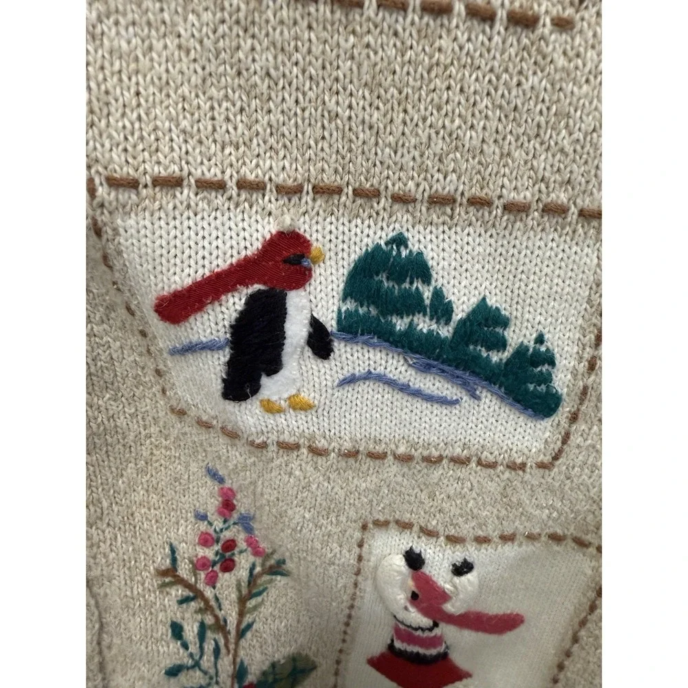 Alfred Dunner Holiday Christmas Cardigan Beige M Embroidered 3D Grandma Cottage